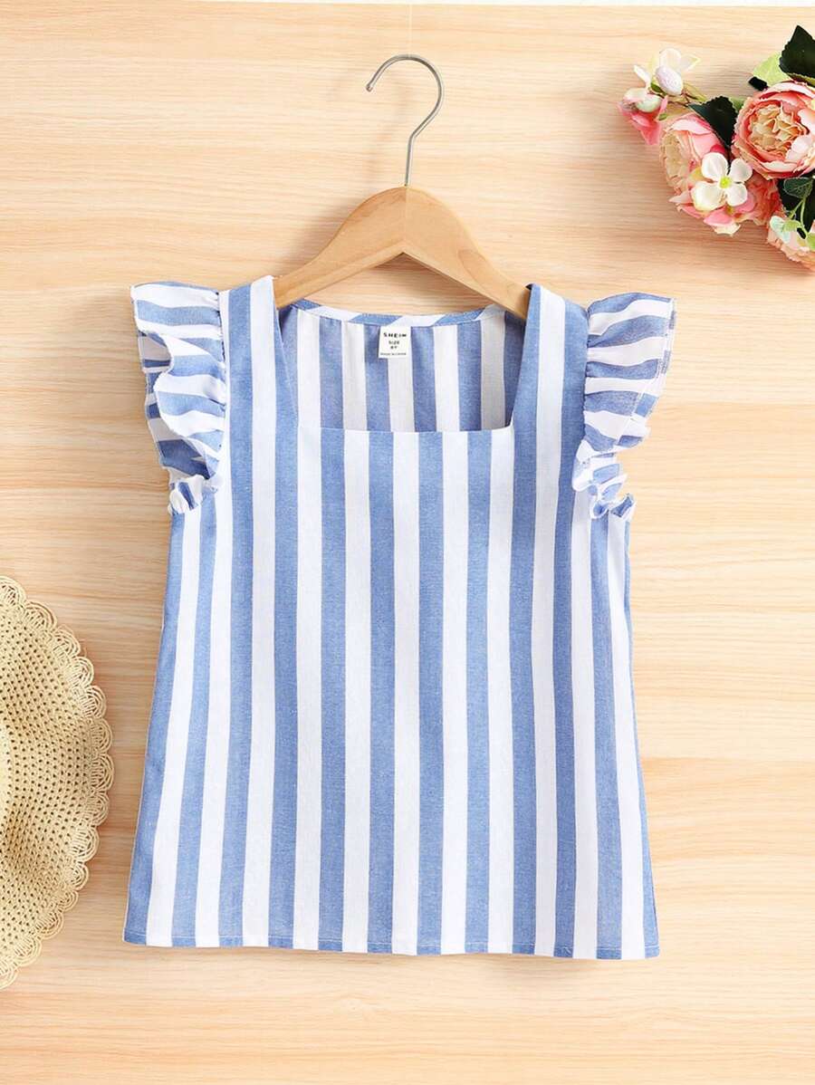 SHEIN Chicas Blusa con estampado de rayas ribete con fruncido de cuello cuadrado