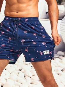 Surfspeed Hombres Shorts de natación con estampado tropical con parche de letra de cintura con cordón - Azul Marino - Ver 3