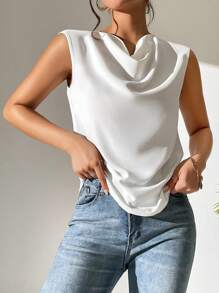 SHEIN PETITE 素色垂領無袖襯衫 - 白色 - 查看 6