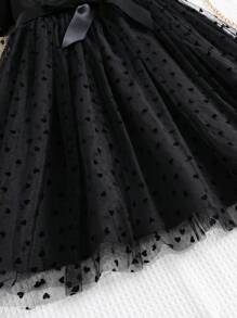 SHEIN Tween Girl Contrast Dobby Mesh Ruffle Trim Belted Dress - Black - View 5