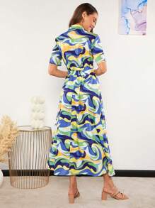 SHEIN Clasi Marbled Print Belted Shirt Dress - Multicolor - View 2