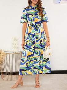 SHEIN Clasi Marbled Print Belted Shirt Dress - Multicolor - View 1