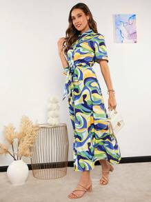 SHEIN Clasi Marbled Print Belted Shirt Dress - Multicolor - View 5