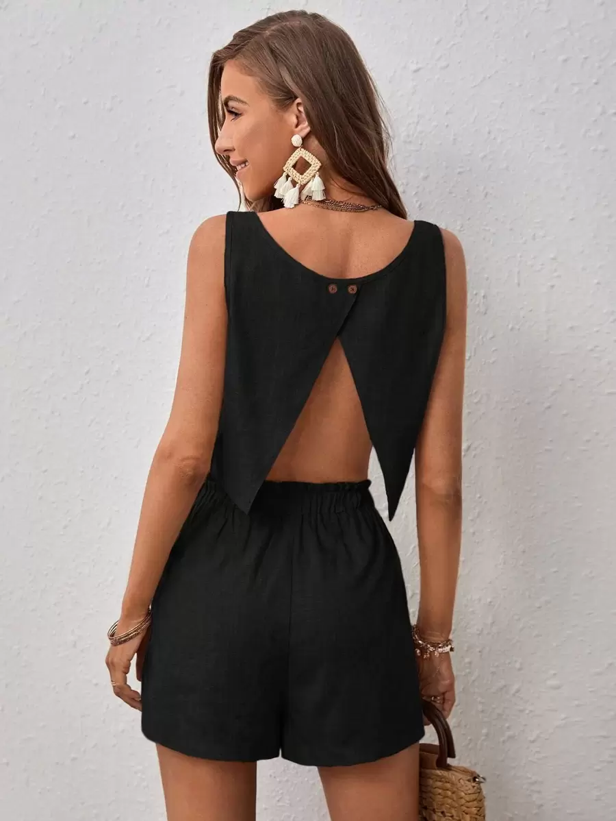 SHEIN VCAY Bộ đồ hai mảnh nữ Nút Chia màu trơn Giải trí - màu đen - Xem 1