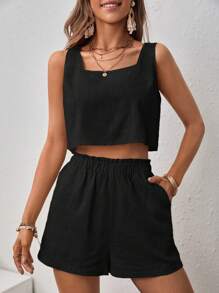 SHEIN VCAY Bộ đồ hai mảnh nữ Nút Chia màu trơn Giải trí - màu đen - Xem 2