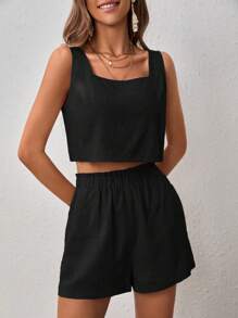 SHEIN VCAY Bộ đồ hai mảnh nữ Nút Chia màu trơn Giải trí - màu đen - Xem 3