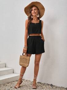 SHEIN VCAY Bộ đồ hai mảnh nữ Nút Chia màu trơn Giải trí - màu đen - Xem 5