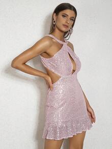 D&M 鏤空荷葉邊亮片掛脖連衣裙 - 淺粉色 - 查看 4