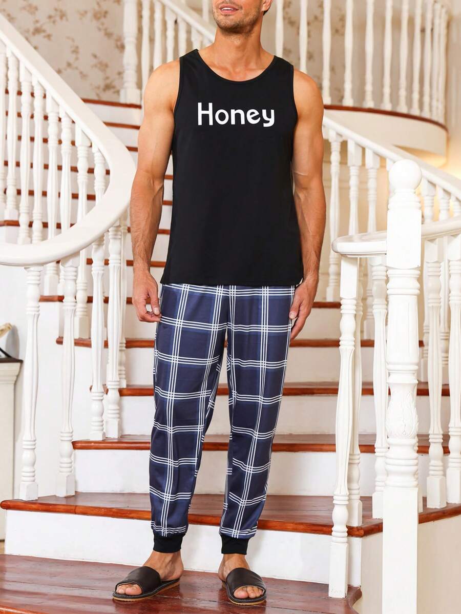 Men Plaid & Letter Graphic PJ Set - Multicolor - View 1