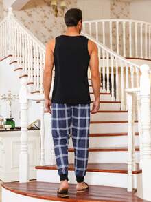 Men Plaid & Letter Graphic PJ Set - Multicolor - View 2