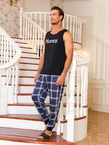 Men Plaid & Letter Graphic PJ Set - Multicolor - View 4