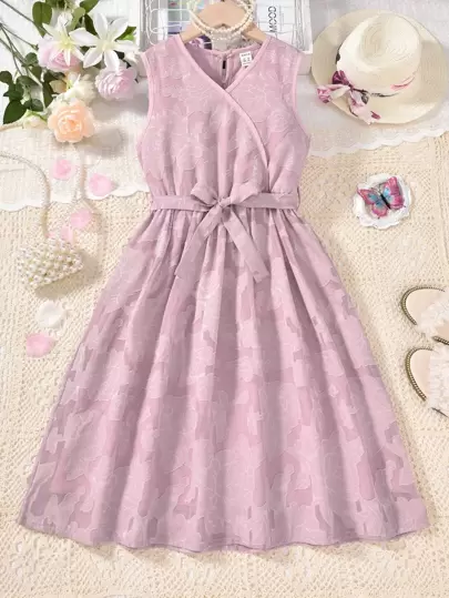 Girls Jacquard Floral Jacquard Belted Dress