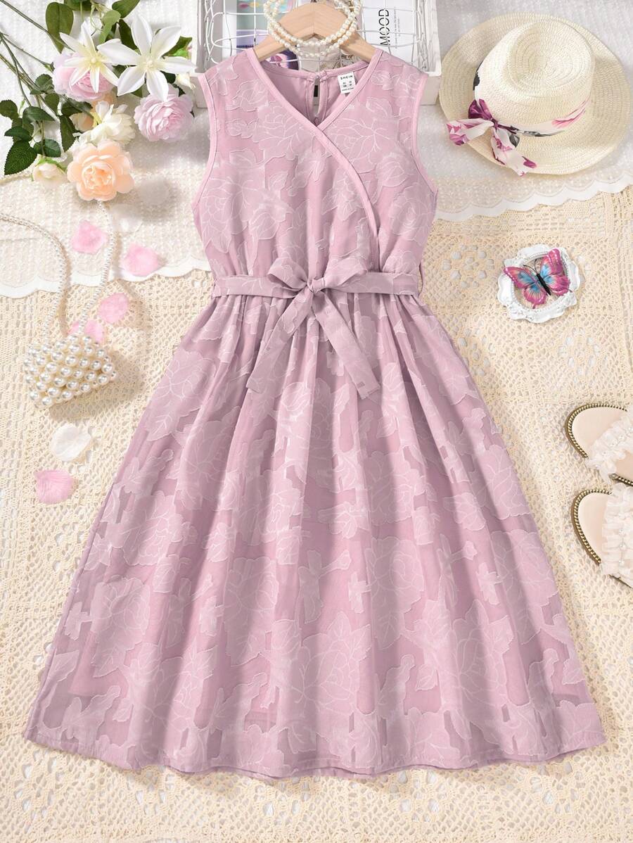 Girls Jacquard Floral Jacquard Belted Dress - Dusty Pink - View 1