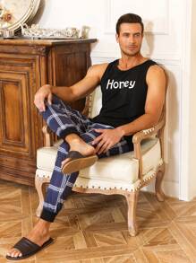 Men Plaid & Letter Graphic PJ Set - Multicolor - View 6