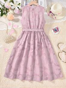 Girls Jacquard Floral Jacquard Belted Dress - Dusty Pink - View 2