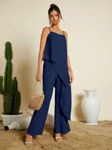 SHEIN VCAY Asymmetrical Hem Cami Top & Flare Leg Trousers - Navy Blue - View 4