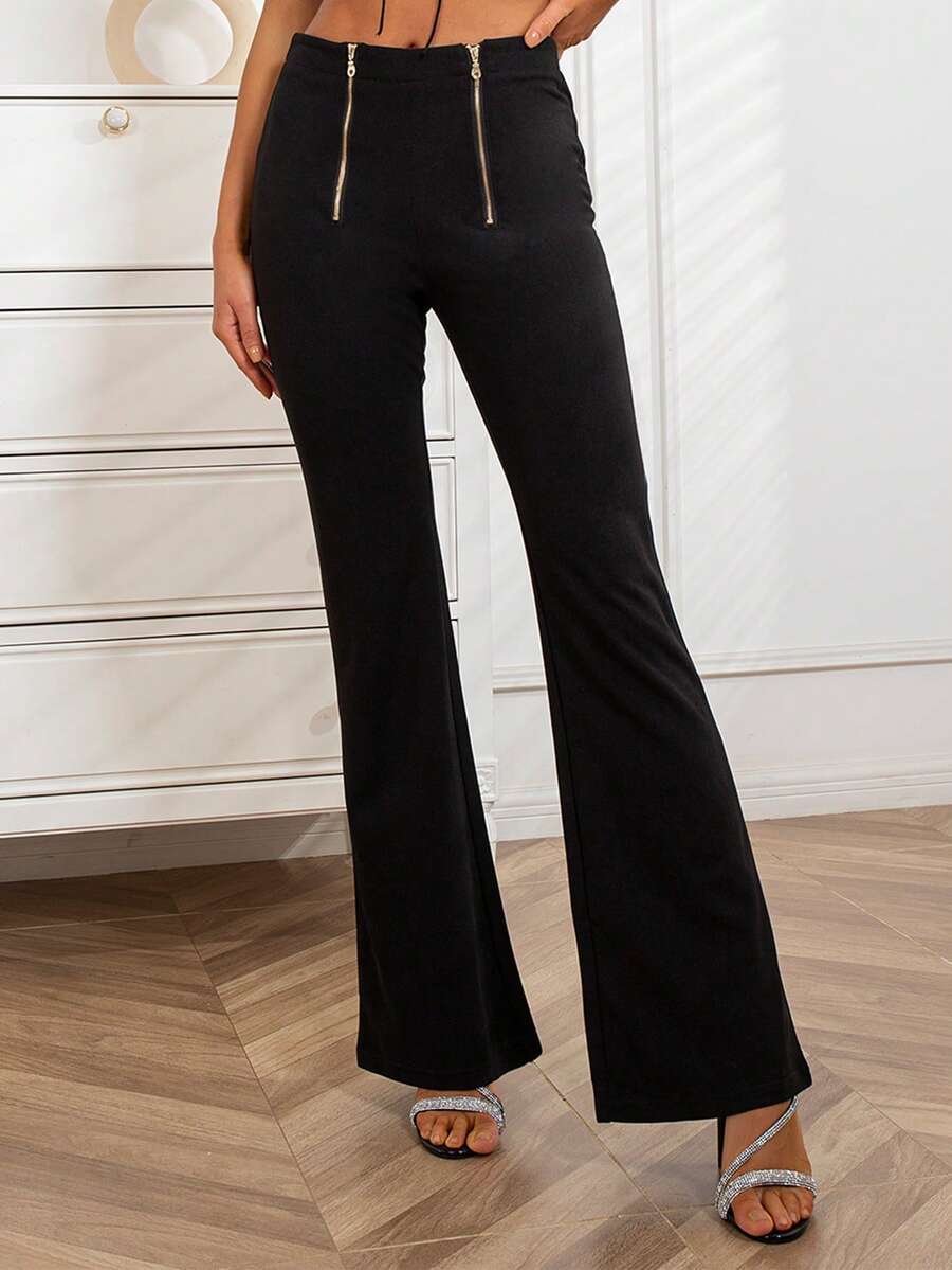 D&M Zip Up Flare Leg Trousers - Black - View 1
