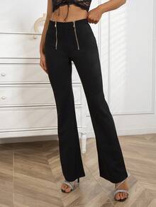 D&M Zip Up Flare Leg Trousers - Black - View 6