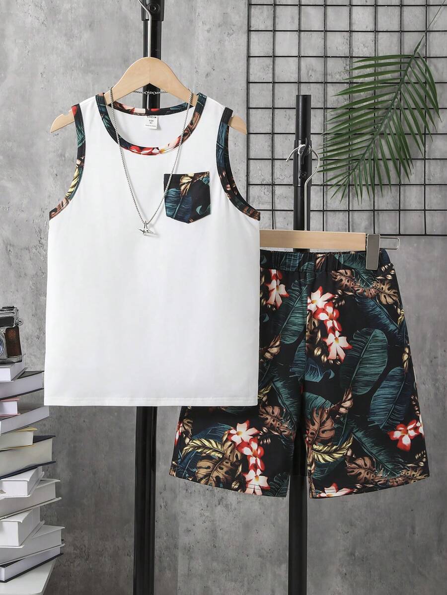 SHEIN Tween Boy Tropical Print Contrast Binding Tank Top & Shorts - Multicolor - View 1