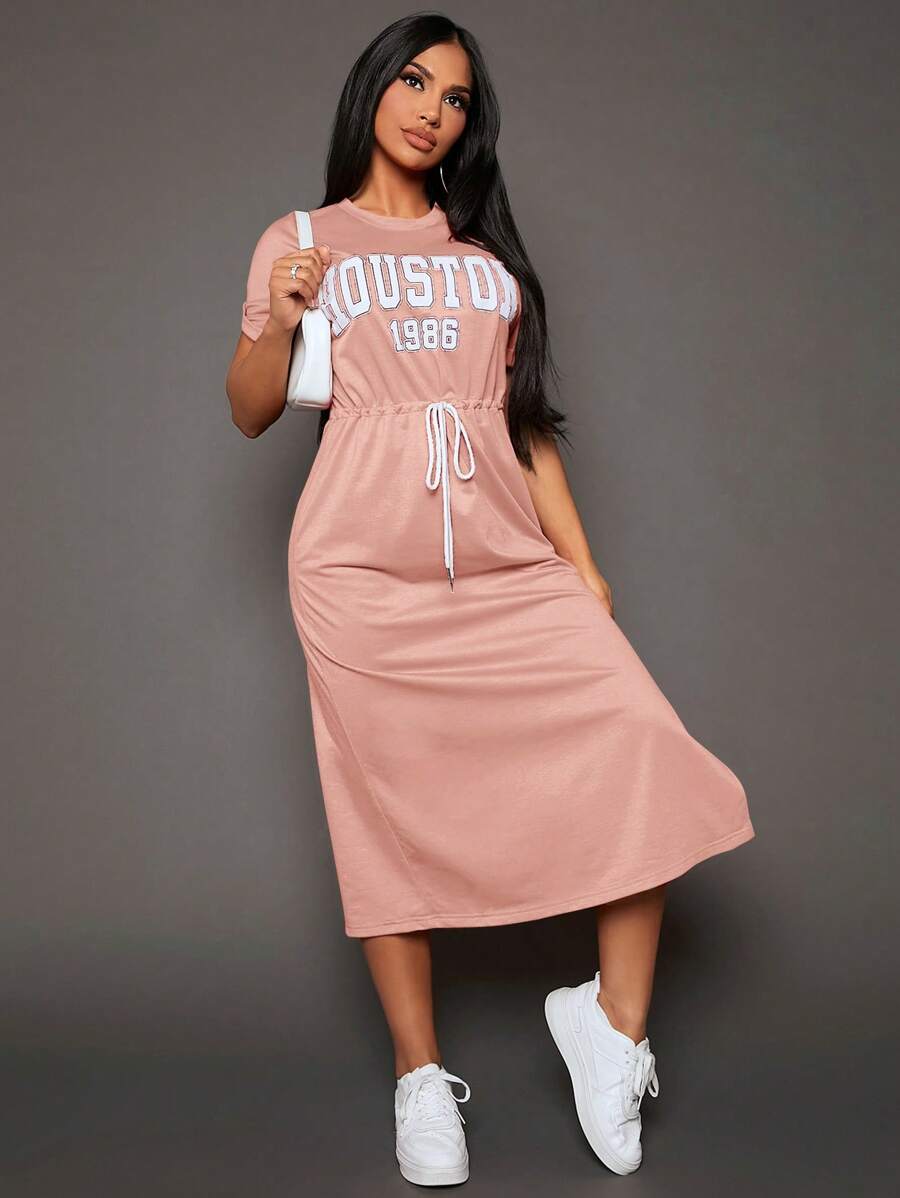 SHEIN SXY Đầm Dây kéo Tách cao Lá thư Giải trí - Màu Hồng baby - Xem 1