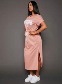 SHEIN SXY Đầm Dây kéo Tách cao Lá thư Giải trí - Màu Hồng baby - Xem 3