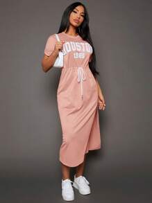 SHEIN SXY Đầm Dây kéo Tách cao Lá thư Giải trí - Màu Hồng baby - Xem 6