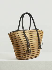 SHEIN VCAY Stripped Large Capacity Straw Bag Tassel Decor Shoulder Tote Bag For Vacation - Brown - View 2