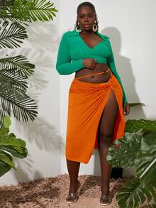 Slaydiva Váy Plus Size Cắt ra Nhẫn xoắn lại Tách cao màu trơn Gợi cảm - trái cam - Xem 5