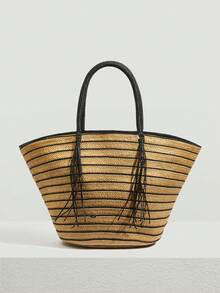 SHEIN VCAY Stripped Large Capacity Straw Bag Tassel Decor Shoulder Tote Bag For Vacation - Brown - View 3