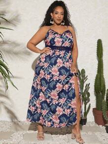 SHEIN CURVE+ 大碼熱帶圖案高衩吊帶洋裝 - 彩色 - 查看 1