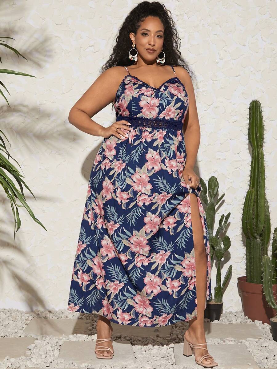 SHEIN CURVE+ 大碼熱帶圖案高衩吊帶洋裝 - 彩色 - 查看 1