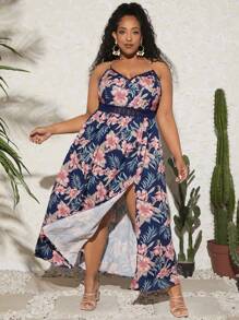 SHEIN CURVE+ 大碼熱帶圖案高衩吊帶洋裝 - 彩色 - 查看 6
