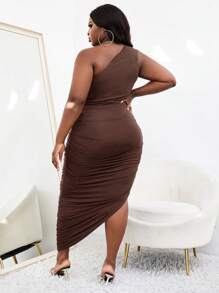 Slaydiva Plus One Shoulder Ruched Bodycon Dress - Chocolate Brown - View 2