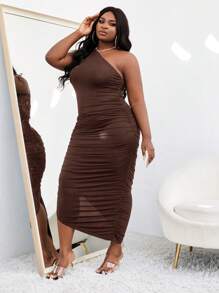 Slaydiva Plus One Shoulder Ruched Bodycon Dress - Chocolate Brown - View 5