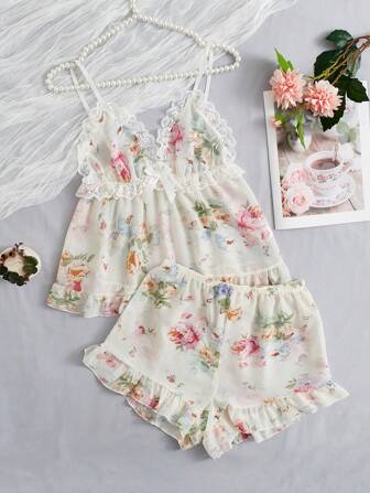 CottageSlumber Conjunto de pijama / conjunto de pijama con estampado floral, encaje de contraste, lazo frontal y volantes en el bajo