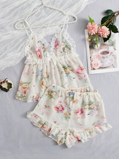 Ensemble de pyjama / pyjama avec imprimé floral, dentelle contrastée, nœud à l'avant et volant à l'ourlet