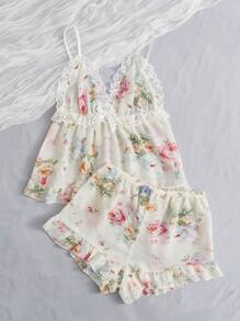 CottageSlumber 花卉印花对比色蕾丝蝴蝶结前褶边下摆睡衣套装/睡衣套装