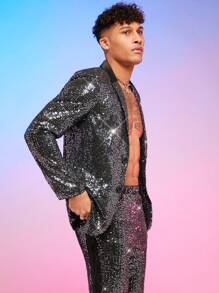 FeverCity Áo cộc tay Nam Túi Nút phía trước màu trơn Buổi tiệc - màu đen - Xem 4