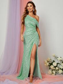 Faeriesty 女士优雅亮片单肩长款派对礼服 - 收腰褶皱设计，高开衩裙摆，奢华垂坠感 | 适合盛大晚宴、新年派对、正式活动和夏季假期 - 薄荷綠 - 查看 5