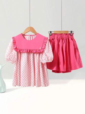 Girls Geo Graphic Frill Trim Top & Shorts