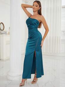 One Shoulder Split Thigh Satin Tube Dress - Blue - View 6
