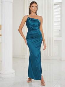 One Shoulder Split Thigh Satin Tube Dress - Blue - View 7