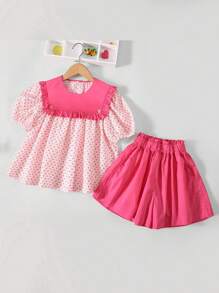 Girls Geo Graphic Frill Trim Top & Shorts