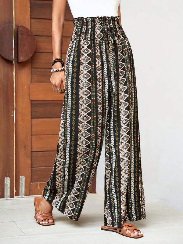 SHEIN VCAY Geo Print Paperbag Waist Wide Leg Pants