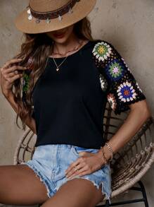 SHEIN LUNE Camiseta floral de croché de manga raglán - Negro - Ver 6