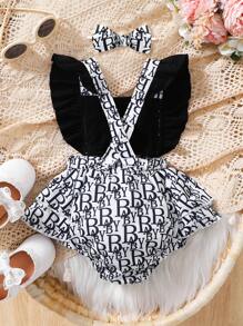 SHEIN 嬰兒女寶寶字母圖案荷葉邊連身衣及頭帶 - 黑與白 - 查看 2