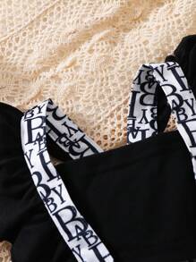 SHEIN 嬰兒女寶寶字母圖案荷葉邊連身衣及頭帶 - 黑與白 - 查看 3