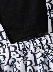 SHEIN 嬰兒女寶寶字母圖案荷葉邊連身衣及頭帶 - 黑與白 - 查看 4