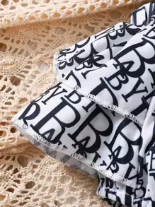 SHEIN 嬰兒女寶寶字母圖案荷葉邊連身衣及頭帶 - 黑與白 - 查看 6