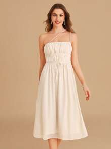 SHEIN Belle One Shoulder Ruched Bust Belted Dress - Apricot - View 1